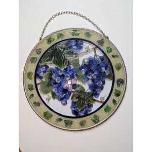 Joan Baker Round Stained Glass Suncathcher Grape Design 10" Hanging Chain Decor